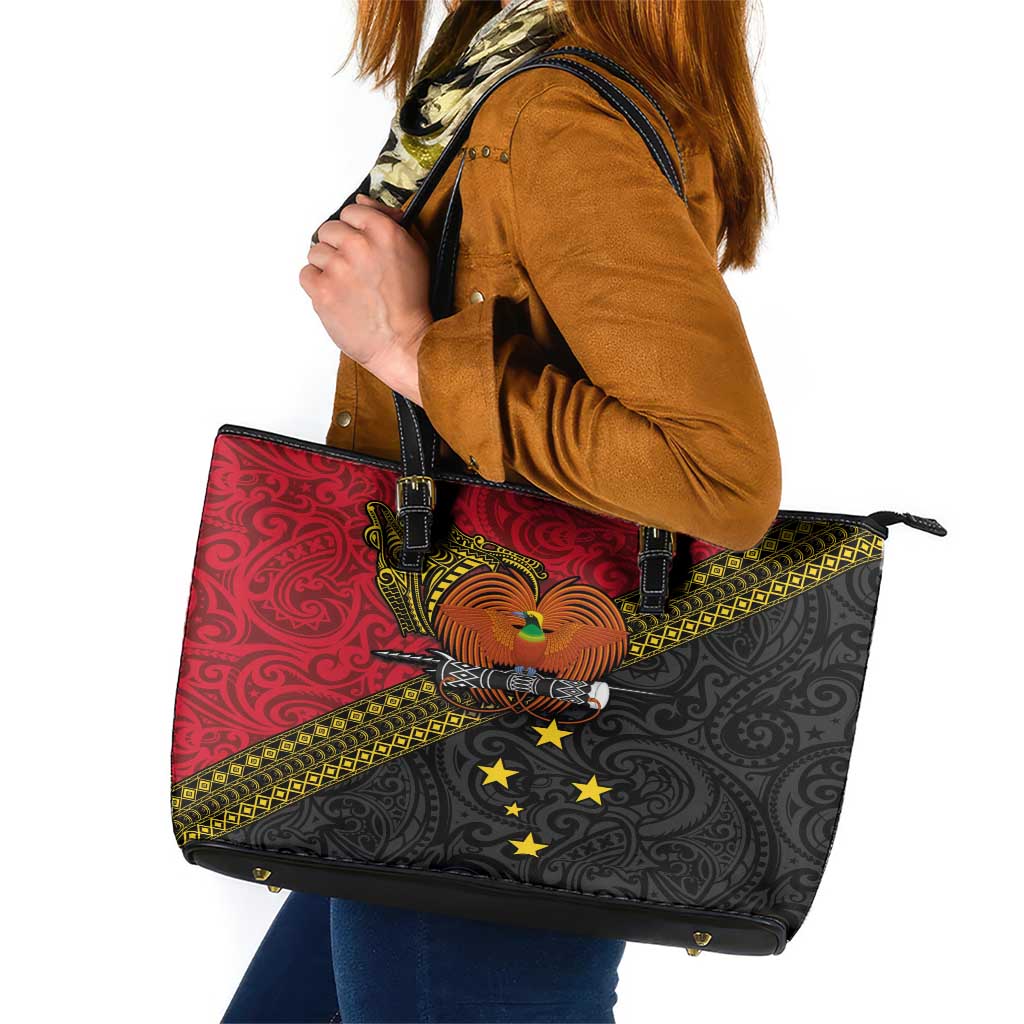 Papua New Guinea Goroka Show Leather Tote Bag Bird-of-paradise and Melanesian Tattoo Pattern LT03 Red - Polynesian Pride