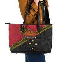 Papua New Guinea Goroka Show Leather Tote Bag Bird-of-paradise and Melanesian Tattoo Pattern LT03 - Polynesian Pride