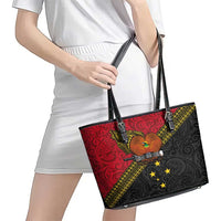 Papua New Guinea Goroka Show Leather Tote Bag Bird-of-paradise and Melanesian Tattoo Pattern LT03 - Polynesian Pride