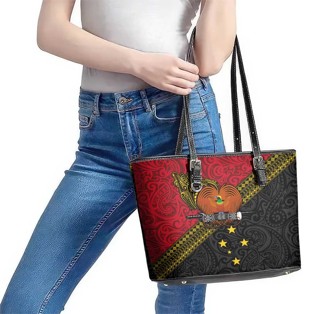 Papua New Guinea Goroka Show Leather Tote Bag Bird-of-paradise and Melanesian Tattoo Pattern LT03 - Polynesian Pride