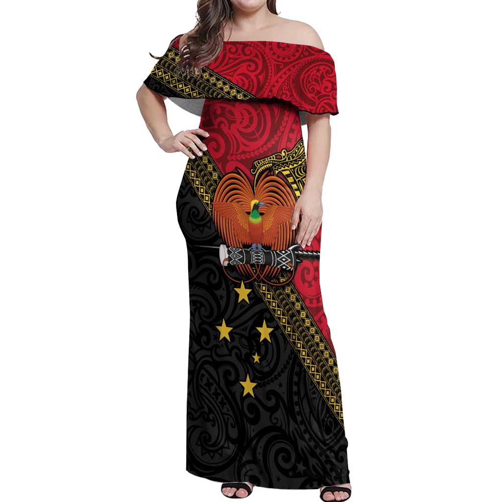 Papua new Guinea Goroka Show Off Shoulder Maxi Dress Bird-of-paradise and Melanesian Tattoo Pattern