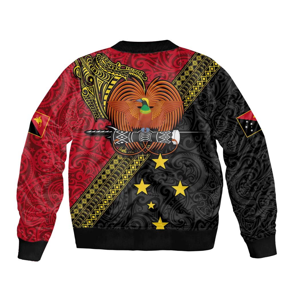 Papua new Guinea Goroka Show Sleeve Zip Bomber Jacket Bird-of-paradise and Melanesian Tattoo Pattern