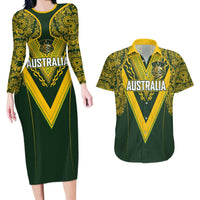 Australia Rugby Custom Couples Matching Long Sleeve Bodycon Dress and Hawaiian Shirt Aboriginal Art Sporty Style - Polynesian Pride