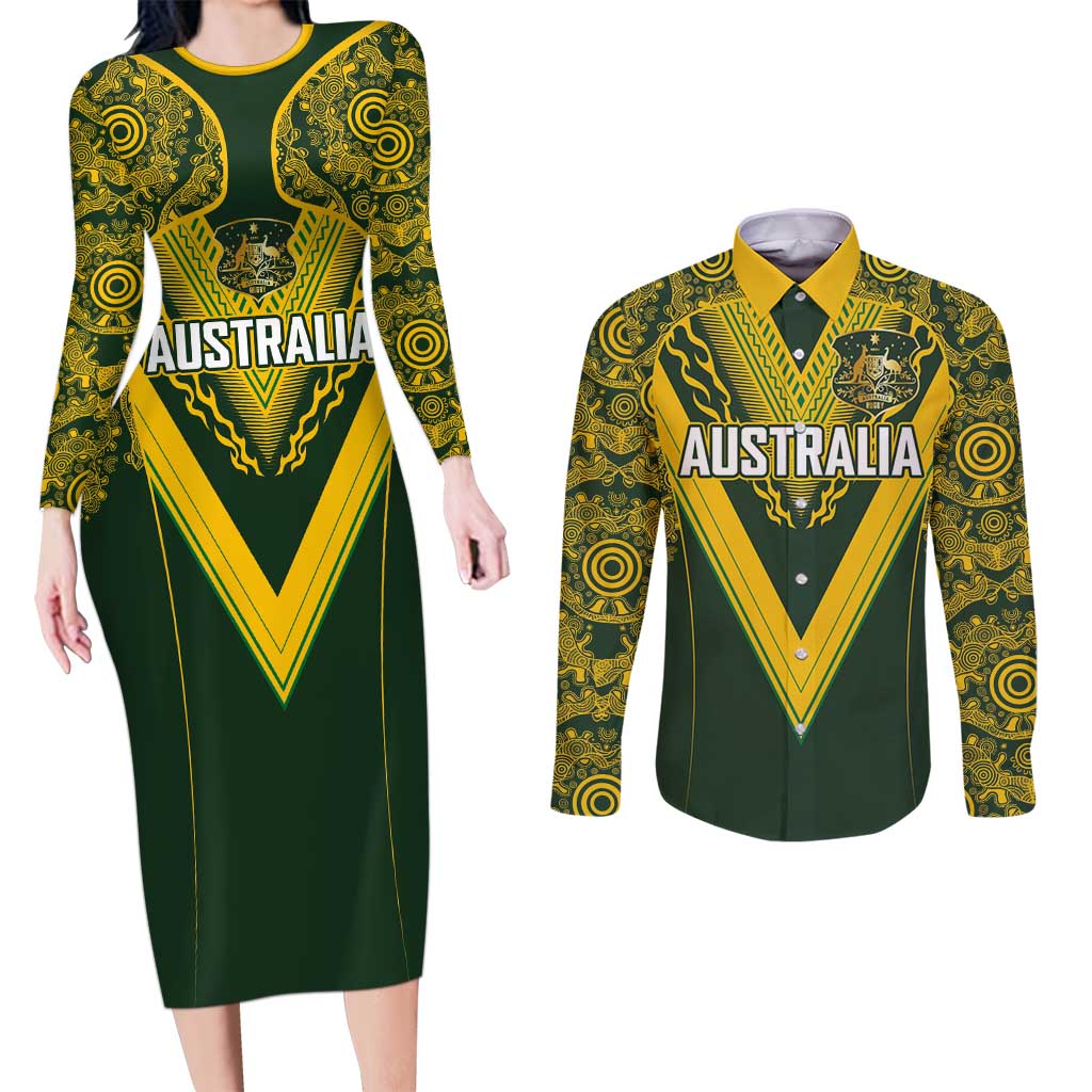 Australia Rugby Custom Couples Matching Long Sleeve Bodycon Dress and Long Sleeve Button Shirt Aboriginal Art Sporty Style - Polynesian Pride