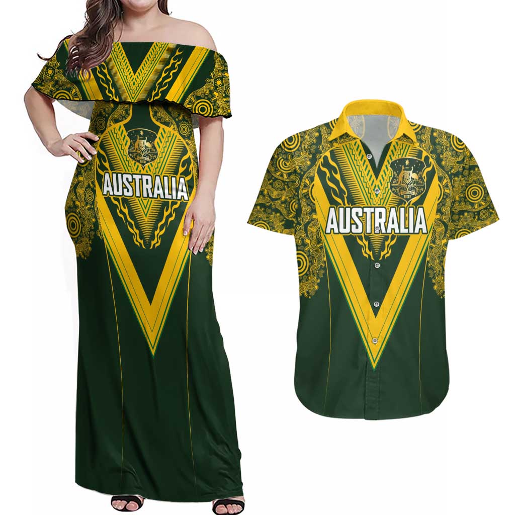 Australia Rugby Custom Couples Matching Off Shoulder Maxi Dress and Hawaiian Shirt Aboriginal Art Sporty Style - Polynesian Pride