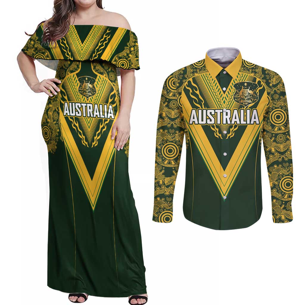 Australia Rugby Custom Couples Matching Off Shoulder Maxi Dress and Long Sleeve Button Shirt Aboriginal Art Sporty Style - Polynesian Pride