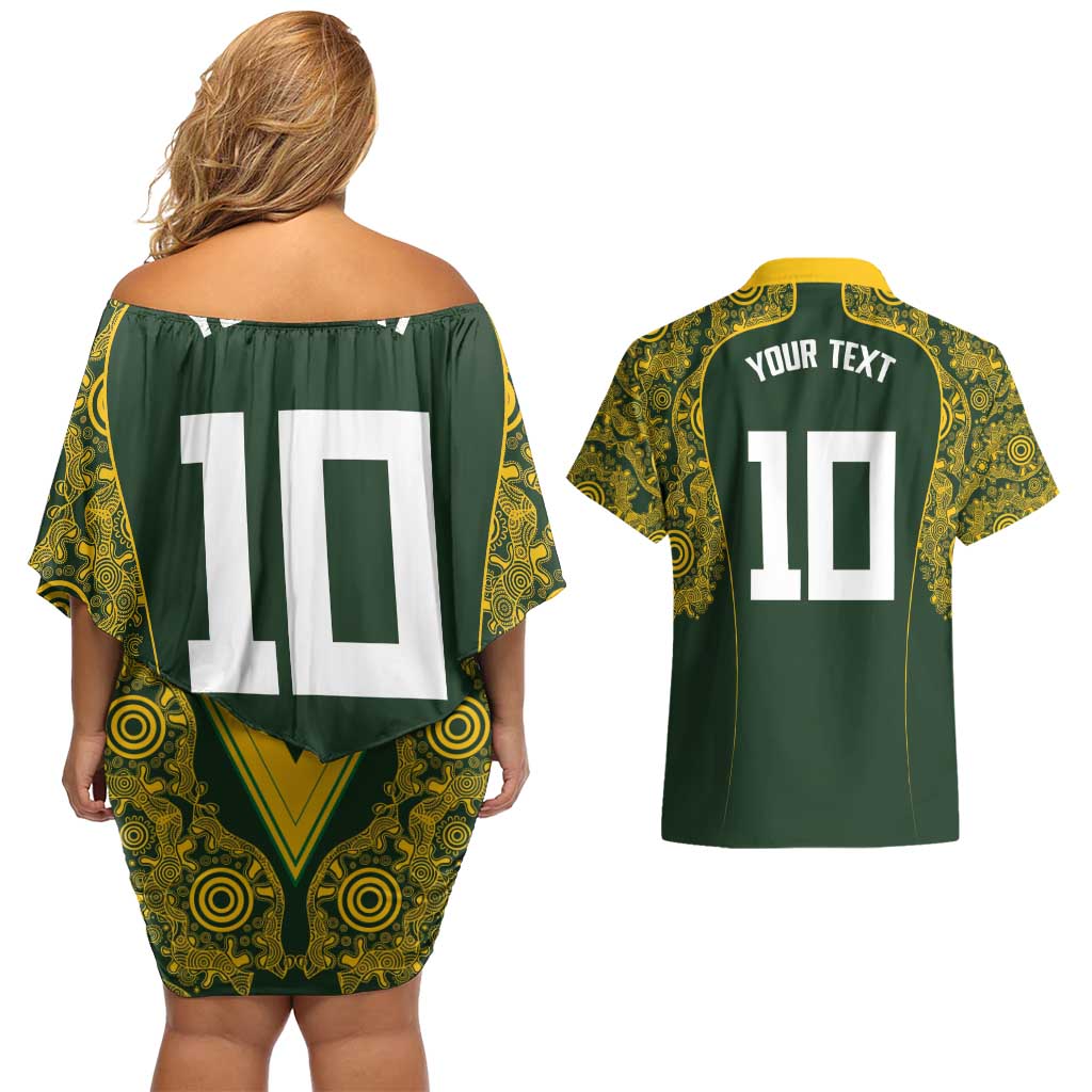 Australia Rugby Custom Couples Matching Off Shoulder Short Dress and Hawaiian Shirt Aboriginal Art Sporty Style - Polynesian Pride