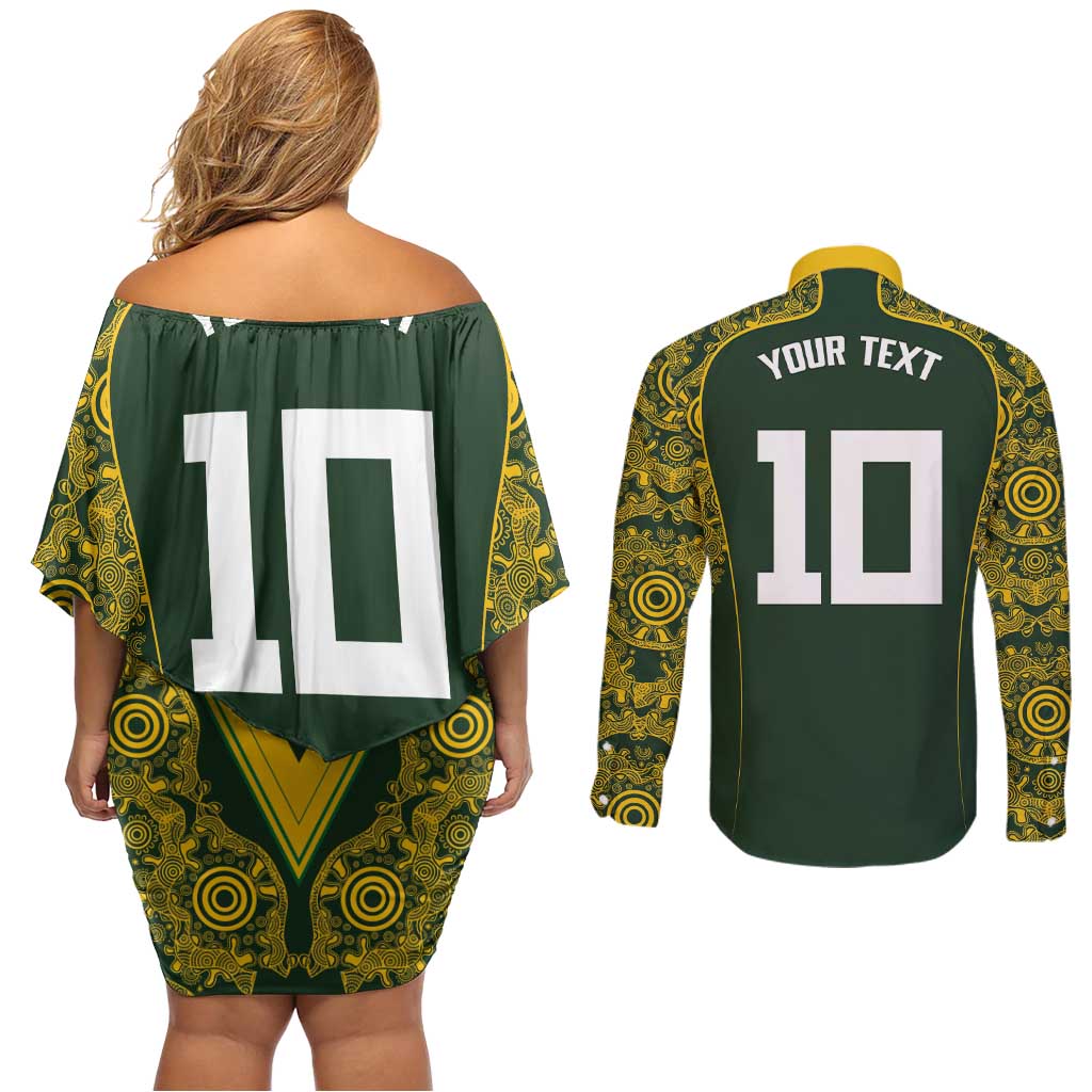 Australia Rugby Custom Couples Matching Off Shoulder Short Dress and Long Sleeve Button Shirt Aboriginal Art Sporty Style - Polynesian Pride
