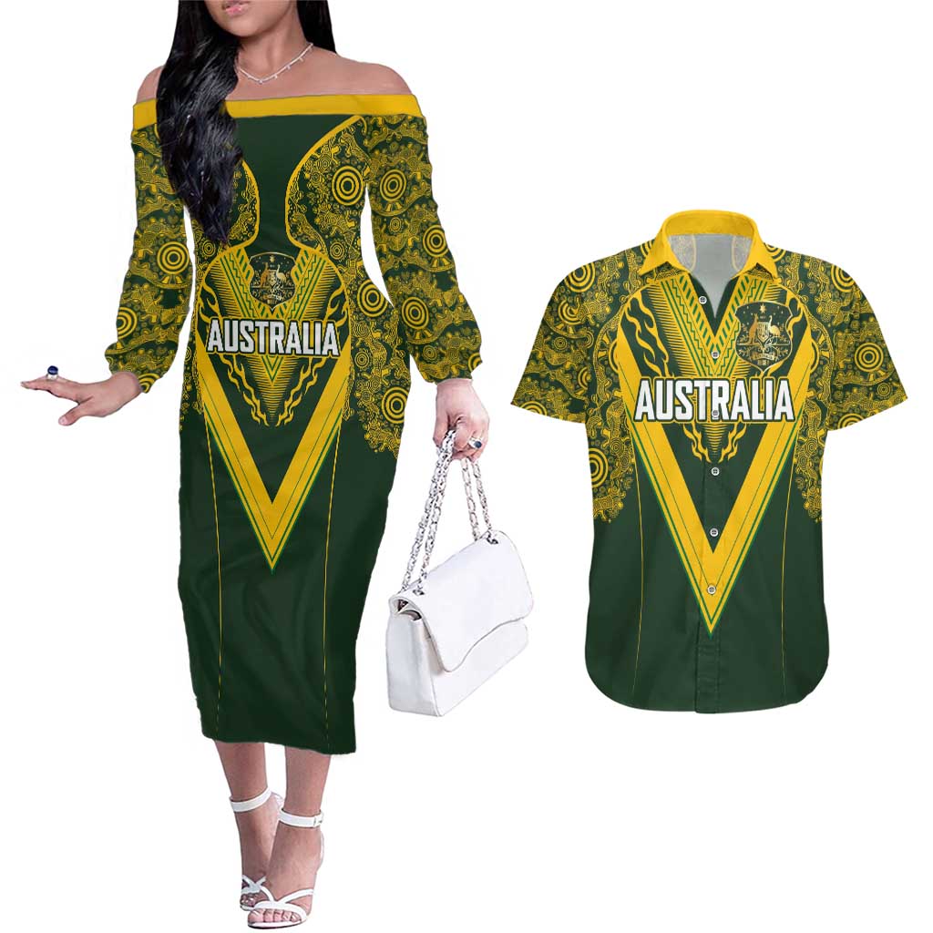 Australia Rugby Custom Couples Matching Off The Shoulder Long Sleeve Dress and Hawaiian Shirt Aboriginal Art Sporty Style - Polynesian Pride