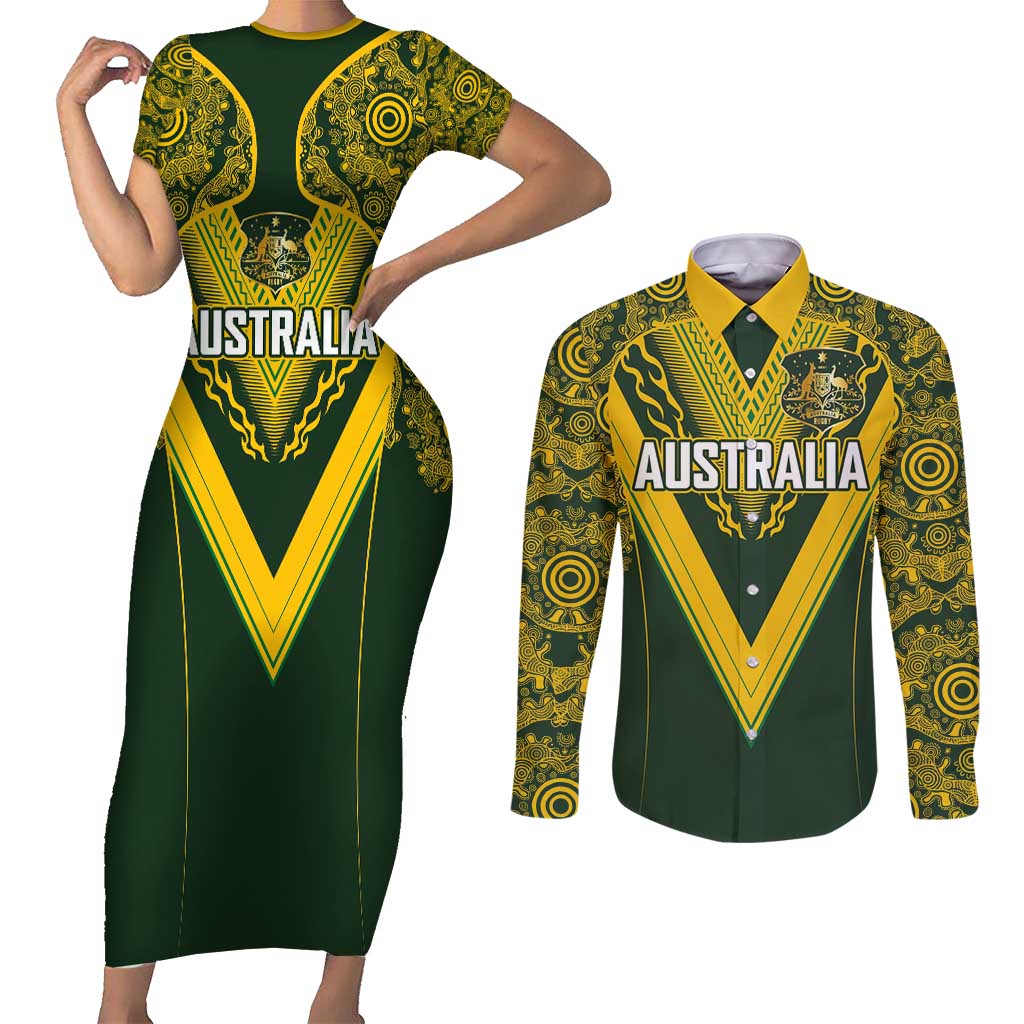 Australia Rugby Custom Couples Matching Short Sleeve Bodycon Dress and Long Sleeve Button Shirt Aboriginal Art Sporty Style - Polynesian Pride
