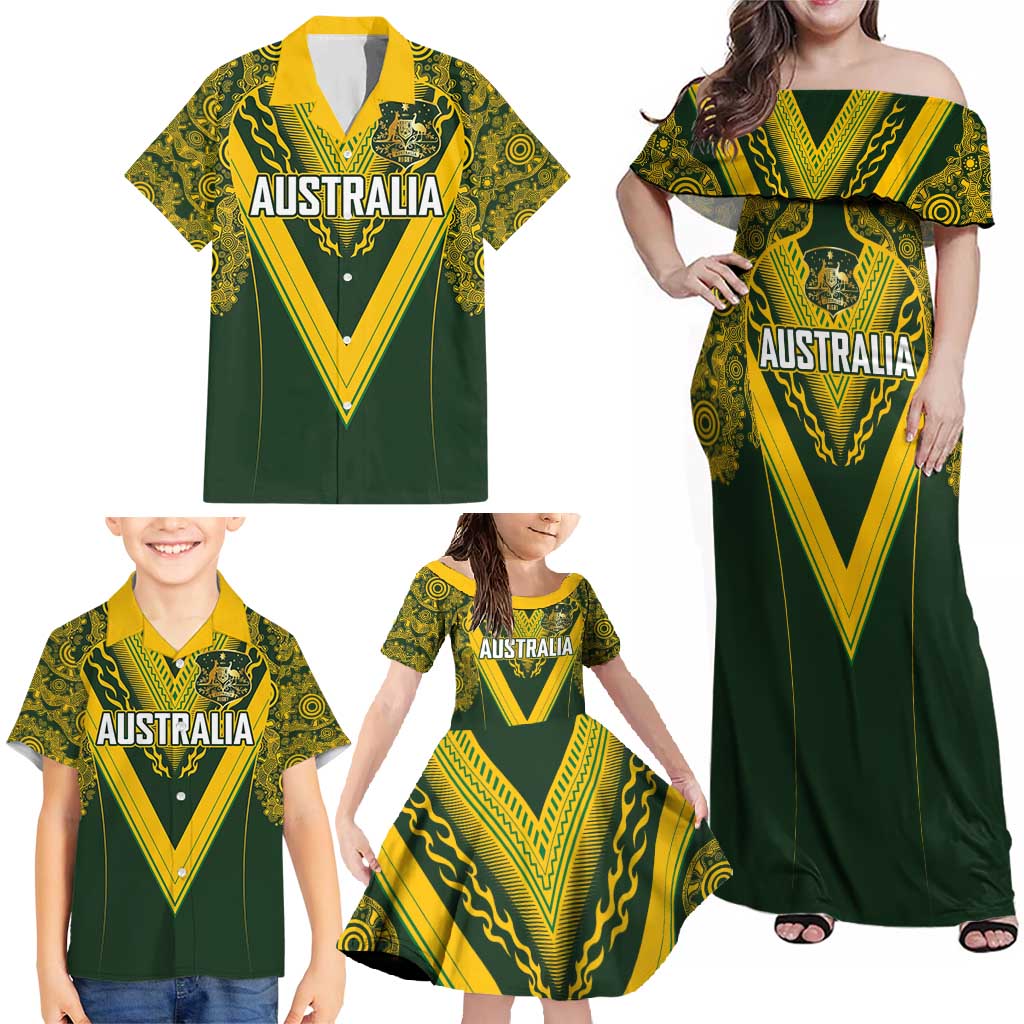 Australia Rugby Custom Family Matching Off Shoulder Maxi Dress and Hawaiian Shirt Aboriginal Art Sporty Style - Polynesian Pride