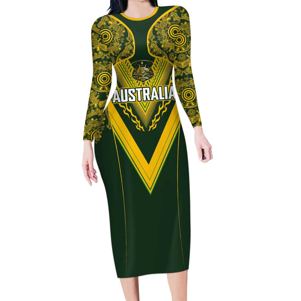 Australia Rugby Custom Long Sleeve Bodycon Dress Aboriginal Art Sporty Style - Polynesian Pride