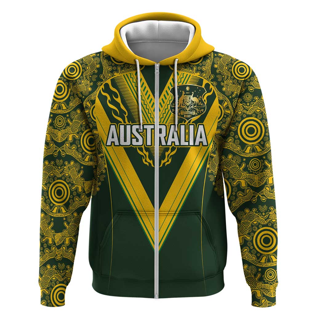 Australia Rugby Custom Zip Hoodie Aboriginal Art Sporty Style LT03 Zip Hoodie Green - Polynesian Pride
