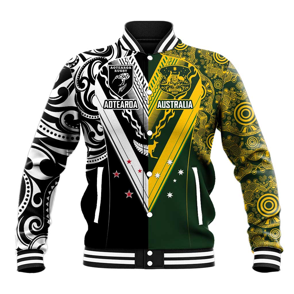 Aotearoa Australia Rugby Custom Baseball Jacket Maori and Aboriginal Art Sporty Style - Polynesian Pride