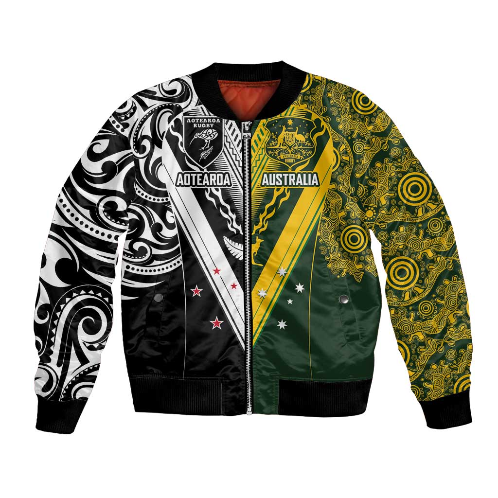Aotearoa Australia Rugby Custom Bomber Jacket Maori and Aboriginal Art Sporty Style - Polynesian Pride