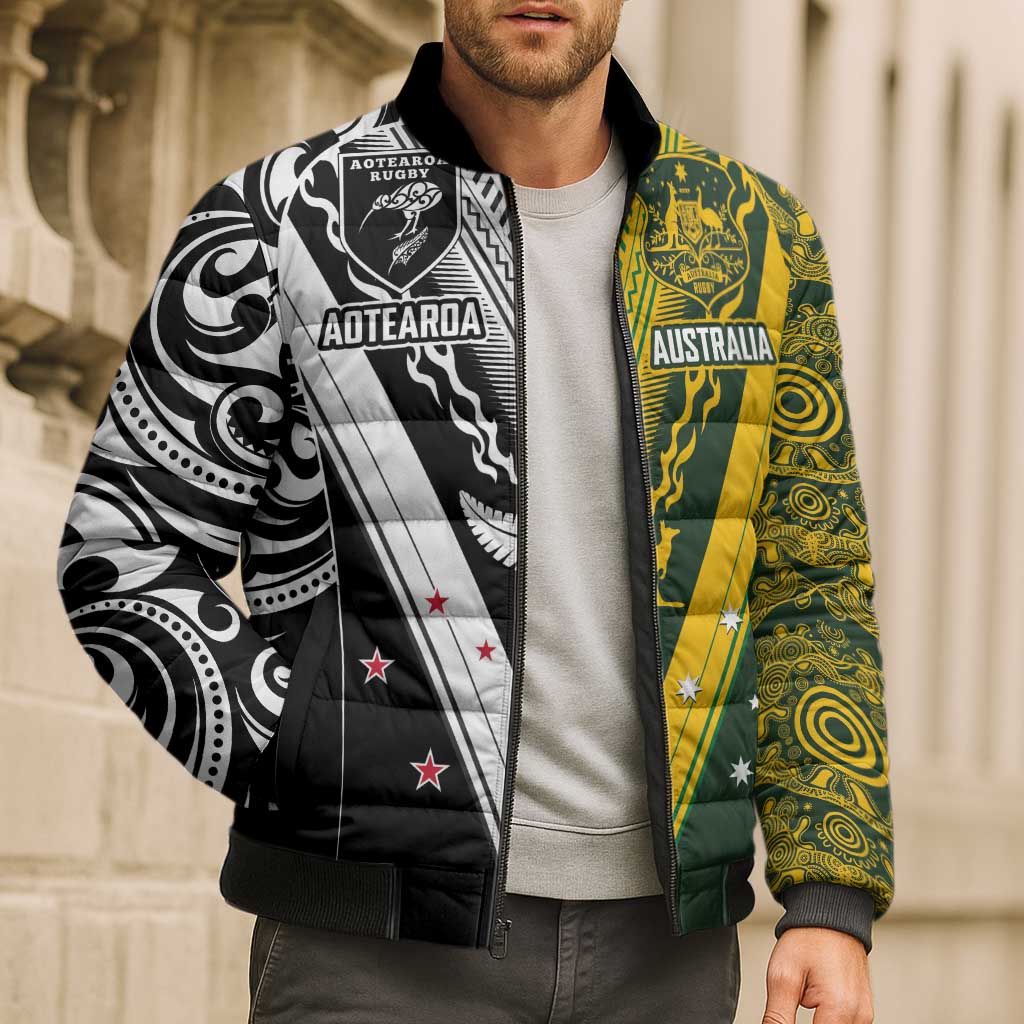 Aotearoa Australia Rugby Custom Bomber Puffer Jacket Maori and Aboriginal Art Sporty Style - Polynesian Pride