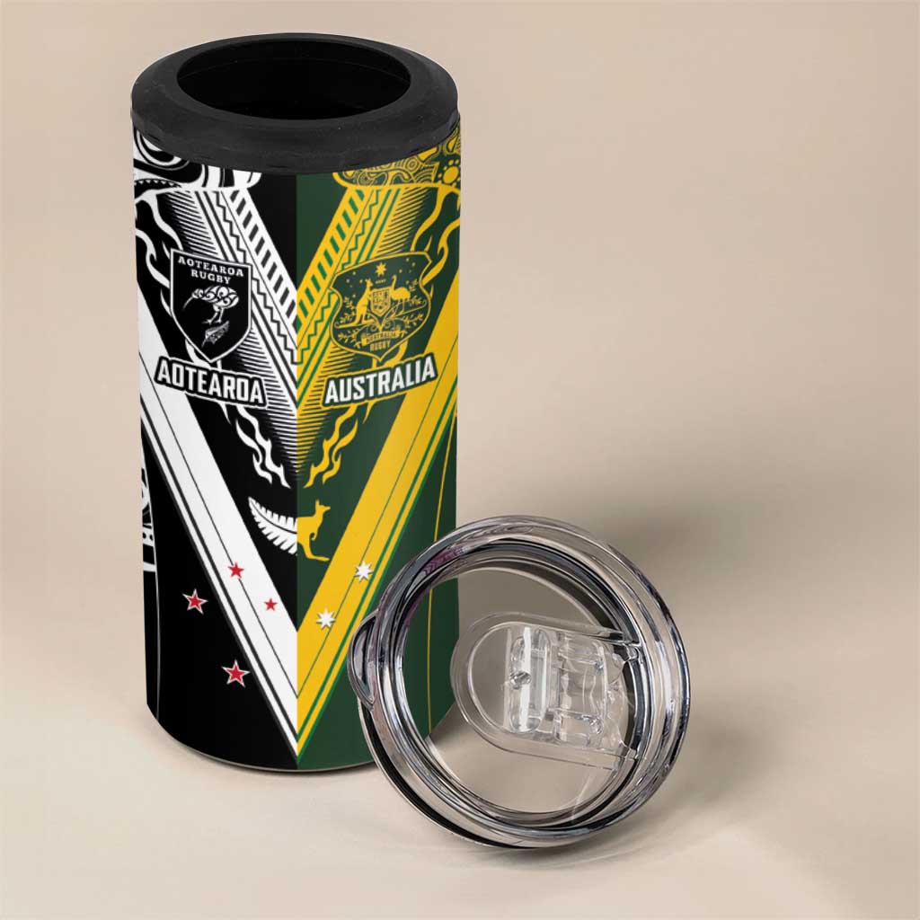 Aotearoa Australia Rugby Custom 4 in 1 Can Cooler Tumbler Maori and Aboriginal Art Sporty Style - Polynesian Pride