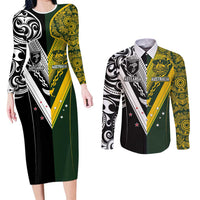 Aotearoa Australia Rugby Custom Couples Matching Long Sleeve Bodycon Dress and Long Sleeve Button Shirt Maori and Aboriginal Art Sporty Style - Polynesian Pride