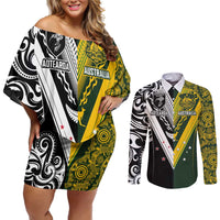 Aotearoa Australia Rugby Custom Couples Matching Off Shoulder Short Dress and Long Sleeve Button Shirt Maori and Aboriginal Art Sporty Style - Polynesian Pride