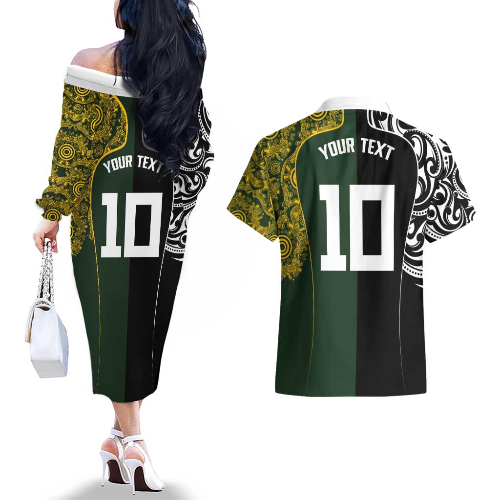 Aotearoa Australia Rugby Custom Couples Matching Off The Shoulder Long Sleeve Dress and Hawaiian Shirt Maori and Aboriginal Art Sporty Style - Polynesian Pride