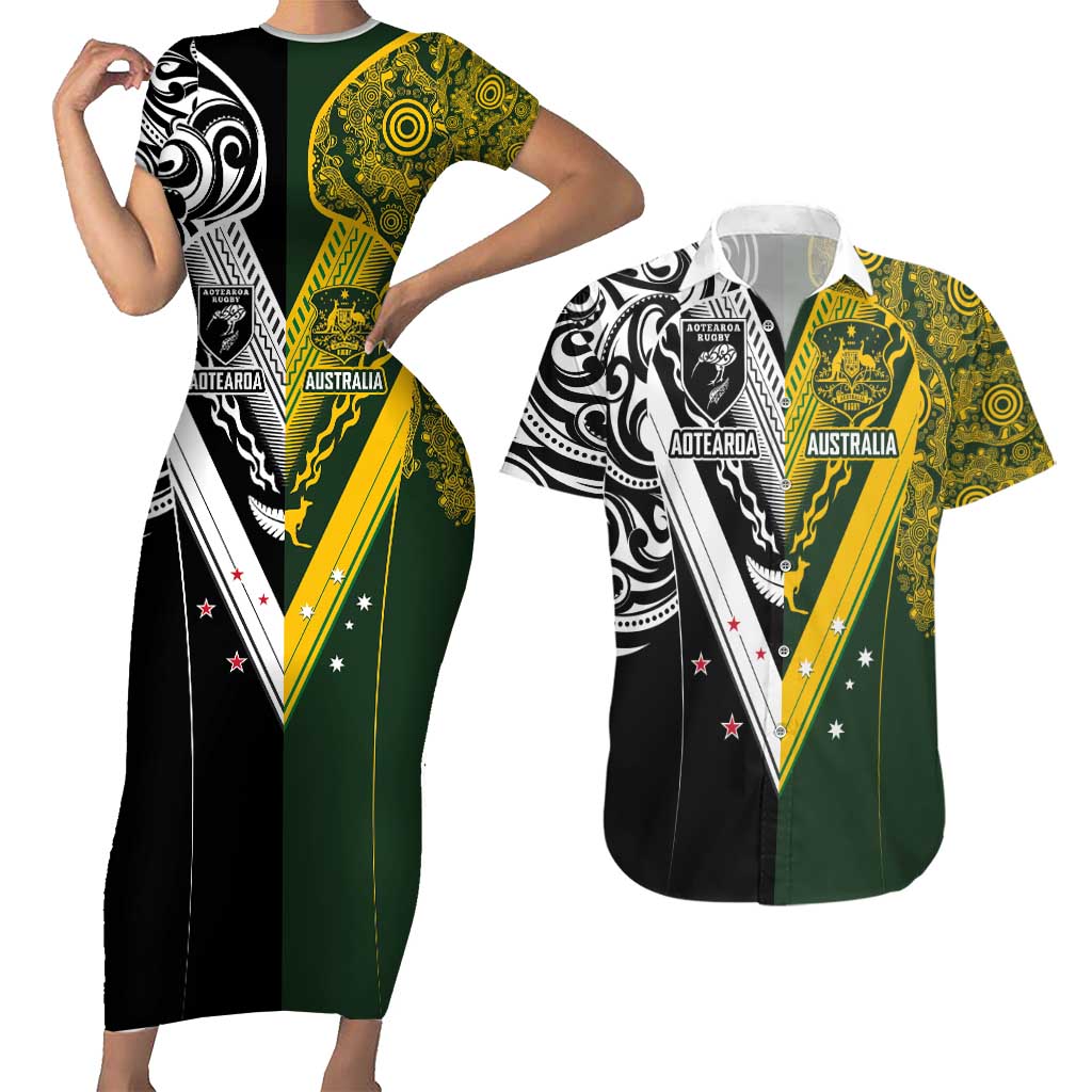 Aotearoa Australia Rugby Custom Couples Matching Short Sleeve Bodycon Dress and Hawaiian Shirt Maori and Aboriginal Art Sporty Style - Polynesian Pride
