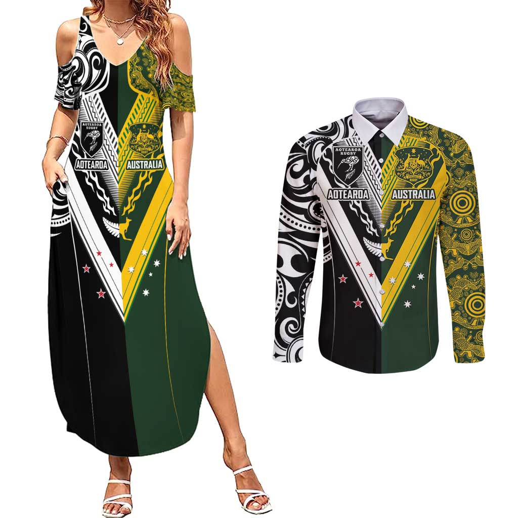Aotearoa Australia Rugby Custom Couples Matching Summer Maxi Dress and Long Sleeve Button Shirt Maori and Aboriginal Art Sporty Style - Polynesian Pride