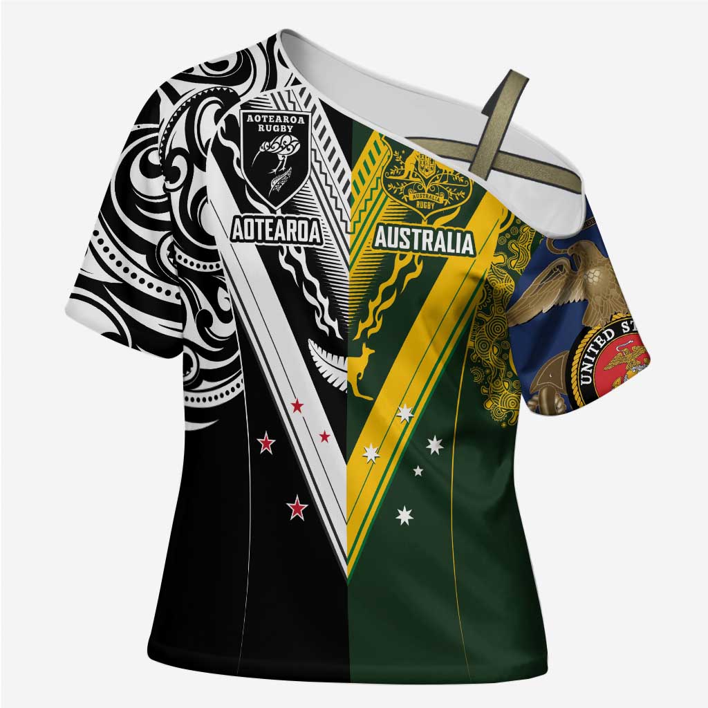 Aotearoa Australia Rugby Custom Cross Shoulder Shirt Maori and Aboriginal Art Sporty Style - Polynesian Pride