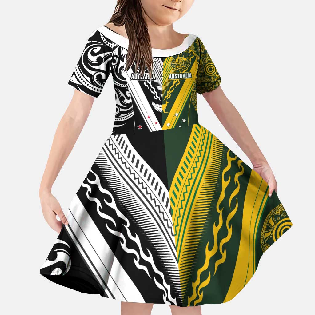 Aotearoa Australia Rugby Custom Family Matching Mermaid Dress and Hawaiian Shirt Maori and Aboriginal Art Sporty Style - Polynesian Pride