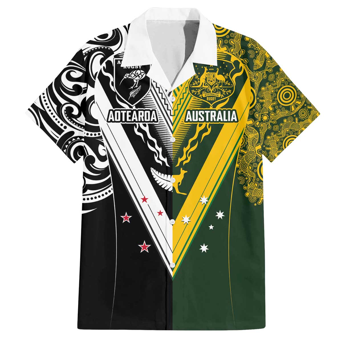 Aotearoa Australia Rugby Custom Family Matching Off The Shoulder Long Sleeve Dress and Hawaiian Shirt Maori and Aboriginal Art Sporty Style - Polynesian Pride