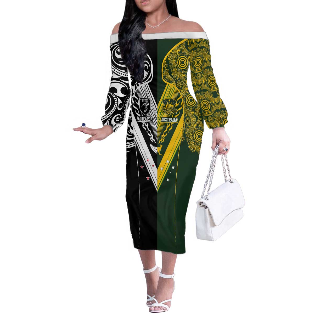 Aotearoa Australia Rugby Custom Family Matching Off The Shoulder Long Sleeve Dress and Hawaiian Shirt Maori and Aboriginal Art Sporty Style - Polynesian Pride