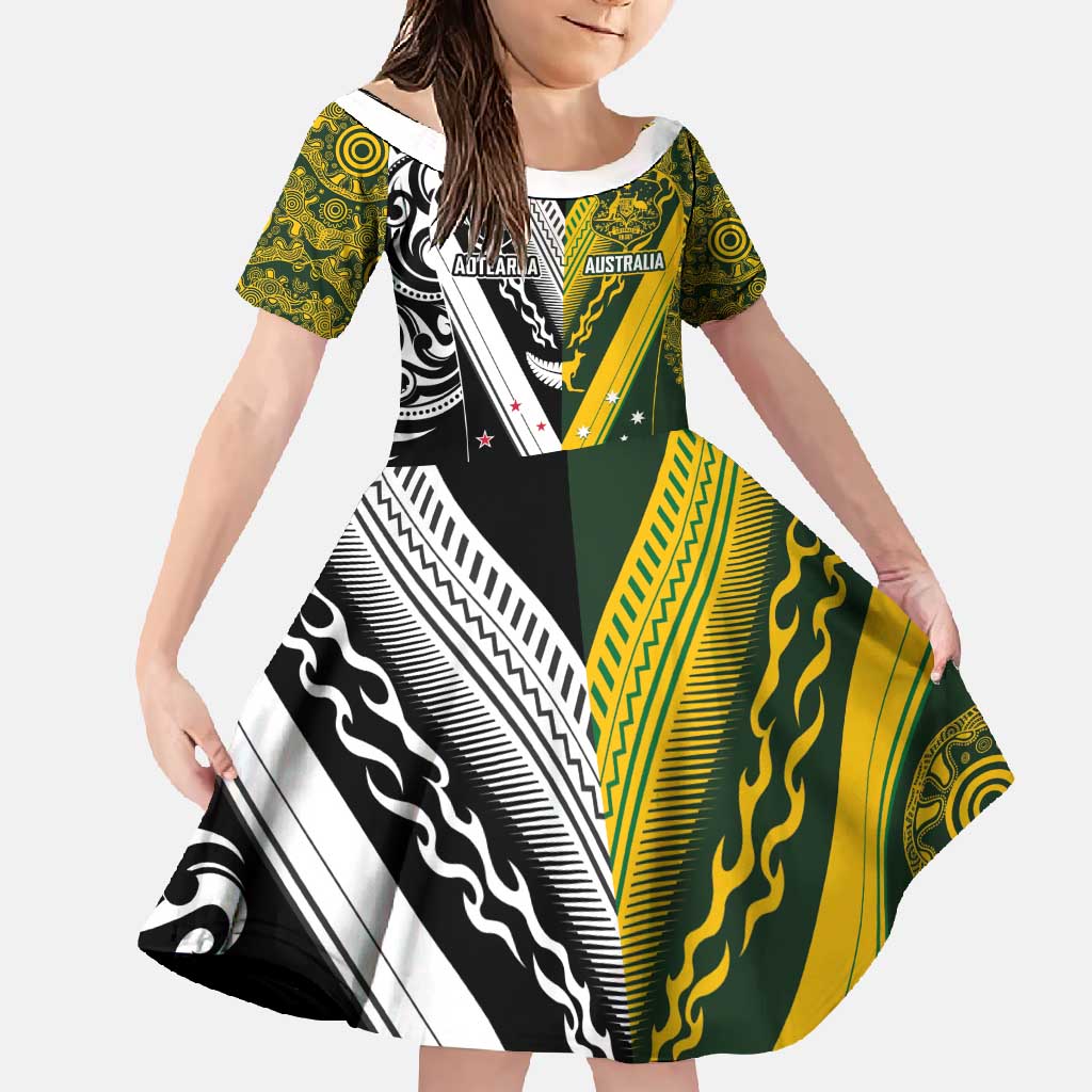 Aotearoa Australia Rugby Custom Family Matching Off Shoulder Maxi Dress and Hawaiian Shirt Maori and Aboriginal Art Sporty Style - Polynesian Pride
