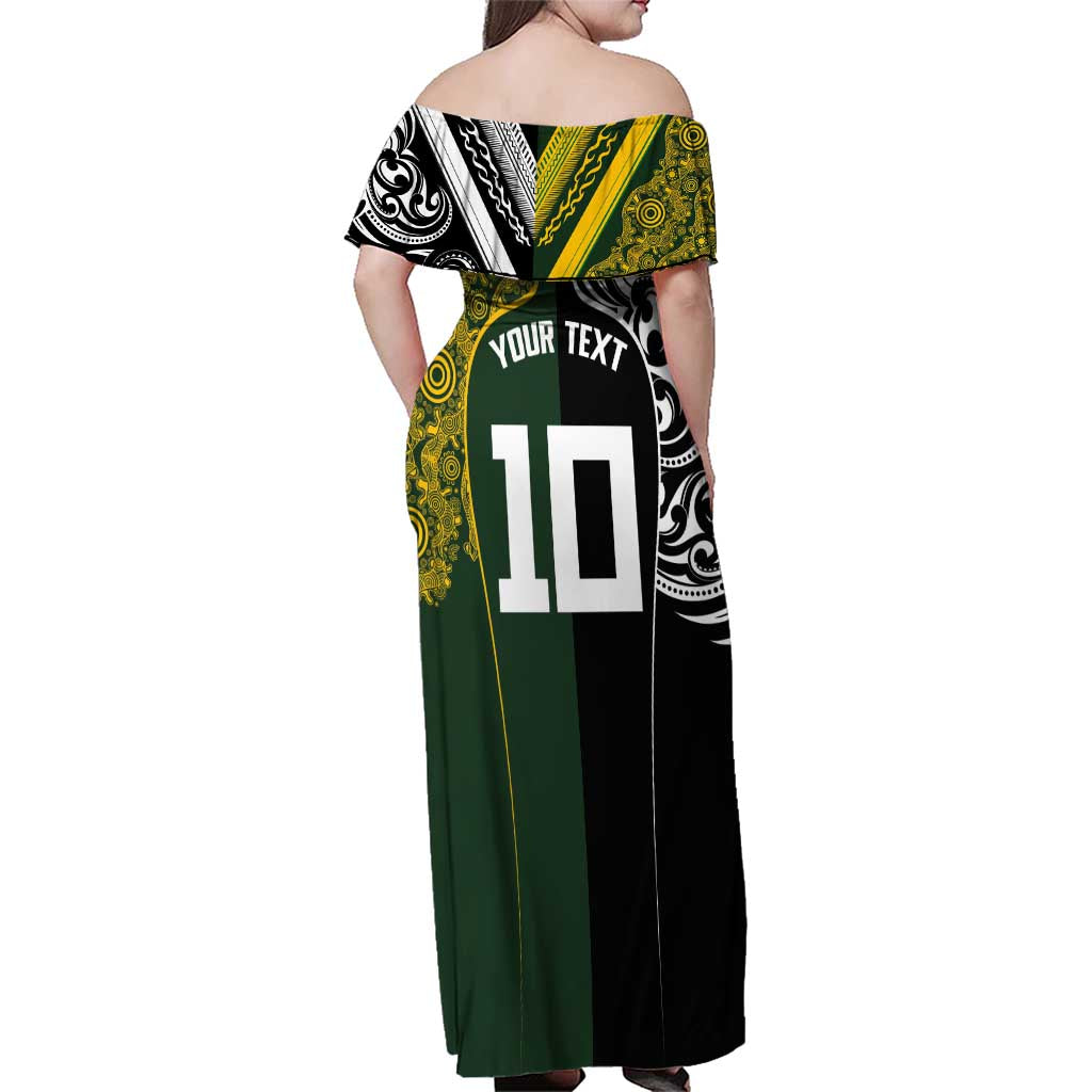 Aotearoa Australia Rugby Custom Family Matching Off Shoulder Maxi Dress and Hawaiian Shirt Maori and Aboriginal Art Sporty Style - Polynesian Pride