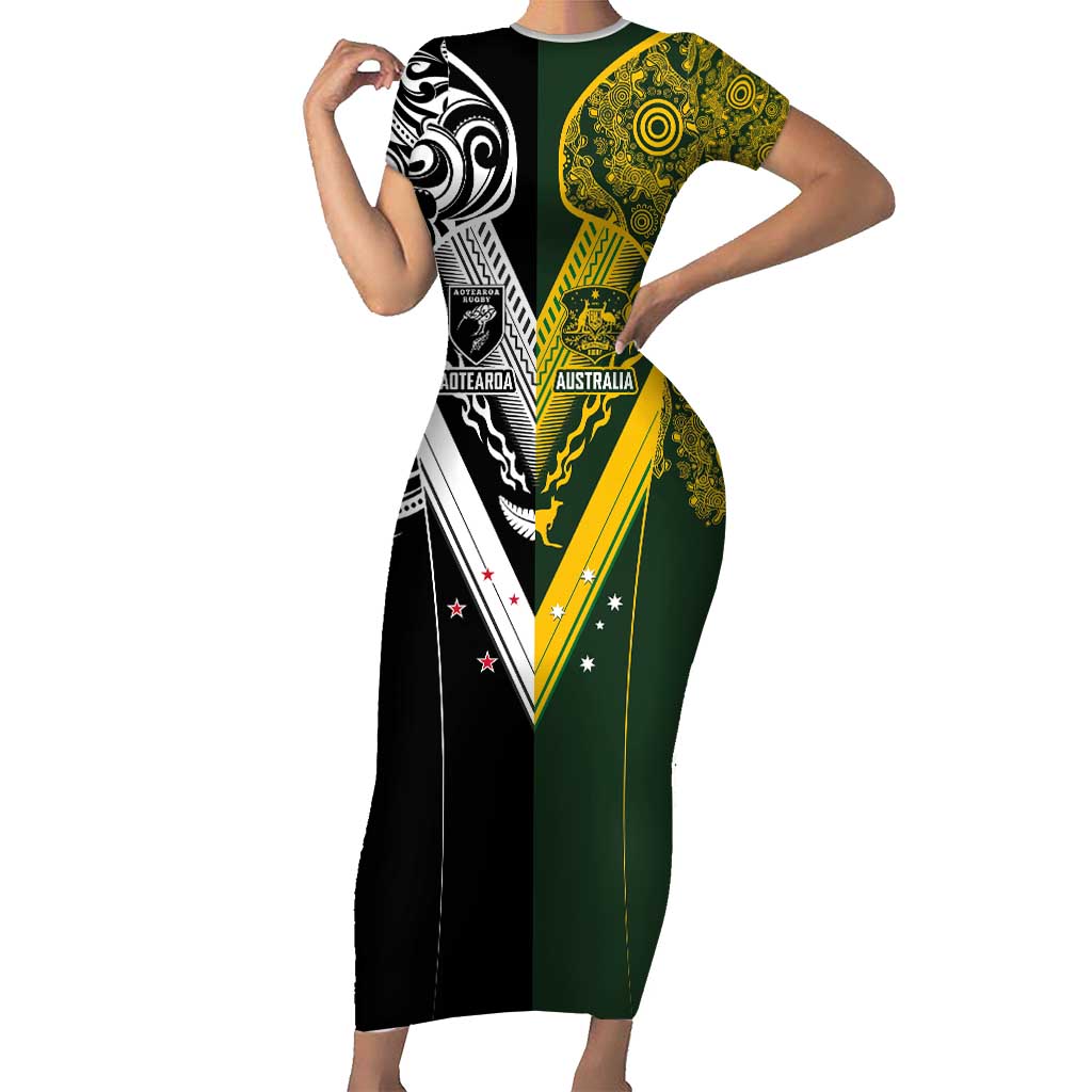 Aotearoa Australia Rugby Custom Family Matching Short Sleeve Bodycon Dress and Hawaiian Shirt Maori and Aboriginal Art Sporty Style - Polynesian Pride