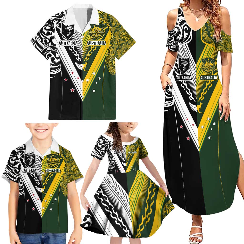 Aotearoa Australia Rugby Custom Family Matching Summer Maxi Dress and Hawaiian Shirt Maori and Aboriginal Art Sporty Style - Polynesian Pride