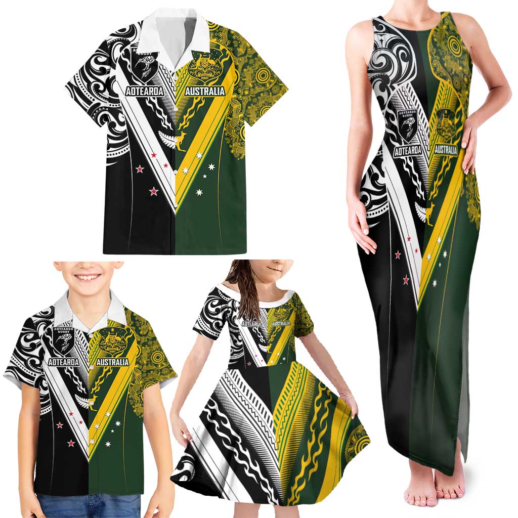 Aotearoa Australia Rugby Custom Family Matching Tank Maxi Dress and Hawaiian Shirt Maori and Aboriginal Art Sporty Style - Polynesian Pride
