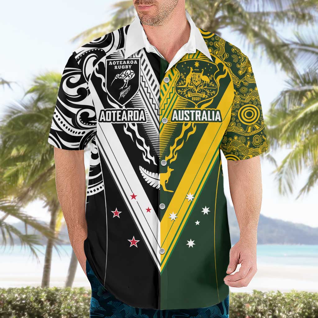 Aotearoa Australia Rugby Custom Hawaiian Shirt Maori and Aboriginal Art Sporty Style - Polynesian Pride