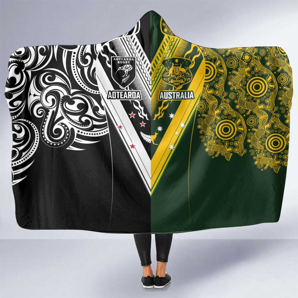 Aotearoa Australia Rugby Hooded Blanket Maori and Aboriginal Art Sporty Style - Polynesian Pride