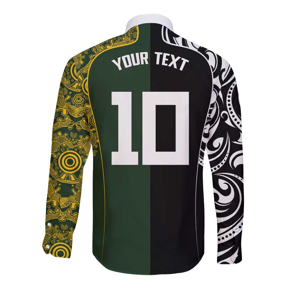 Aotearoa Australia Rugby Custom Long Sleeve Button Shirt Maori and Aboriginal Art Sporty Style - Polynesian Pride