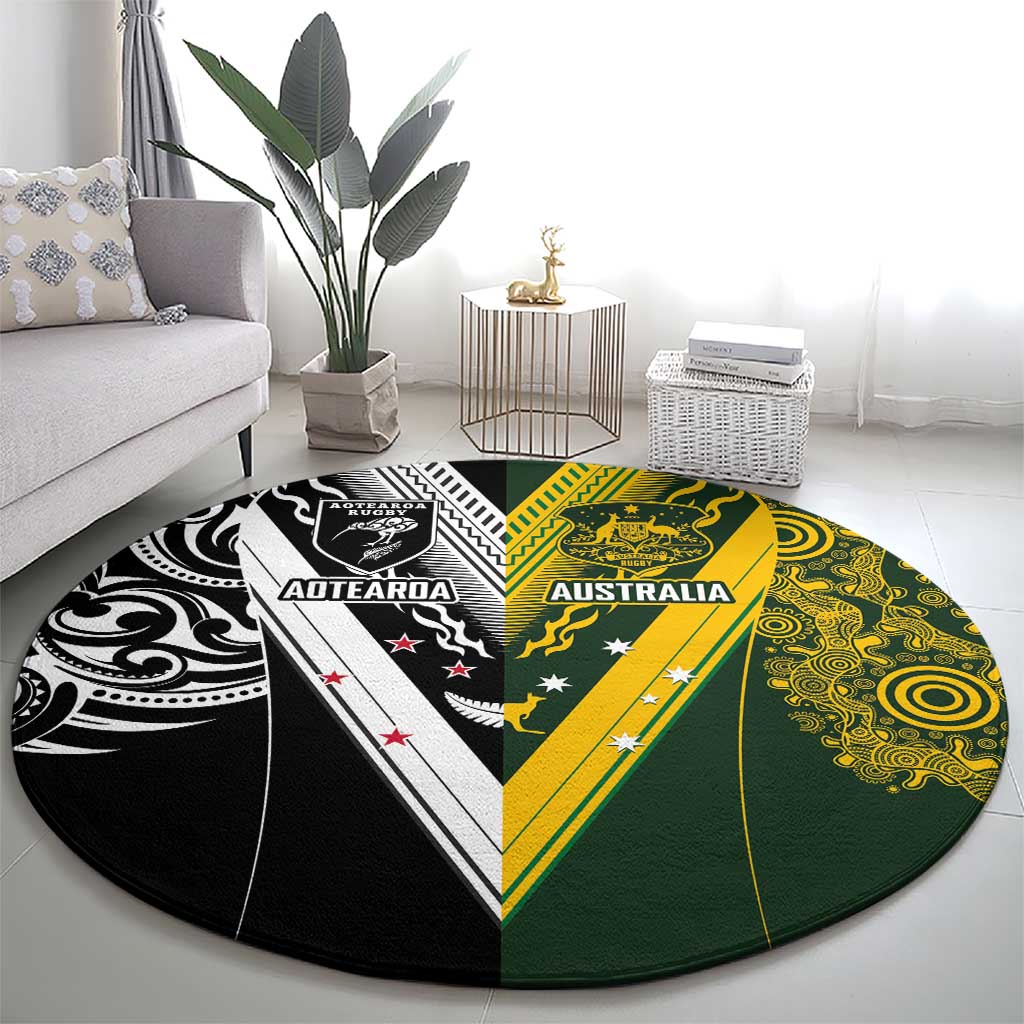 Aotearoa Australia Rugby Round Carpet Maori and Aboriginal Art Sporty Style - Polynesian Pride