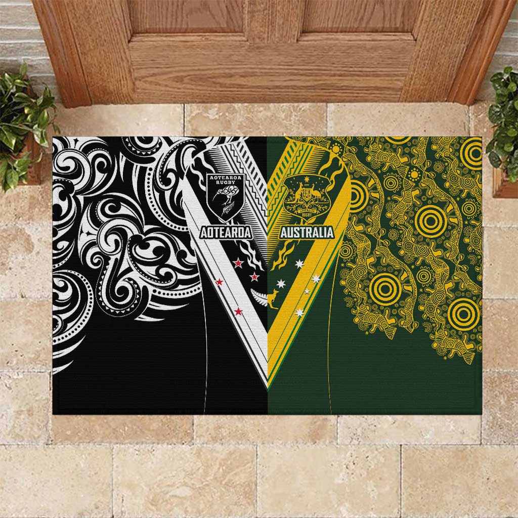 Aotearoa Australia Rugby Rubber Doormat Maori and Aboriginal Art Sporty Style LT03 Green - Polynesian Pride