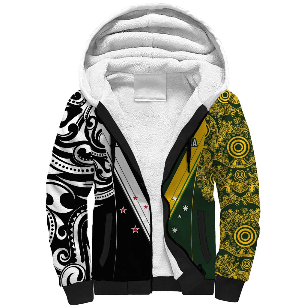 Aotearoa Australia Rugby Custom Sherpa Hoodie Maori and Aboriginal Art Sporty Style LT03 Unisex Green - Polynesian Pride