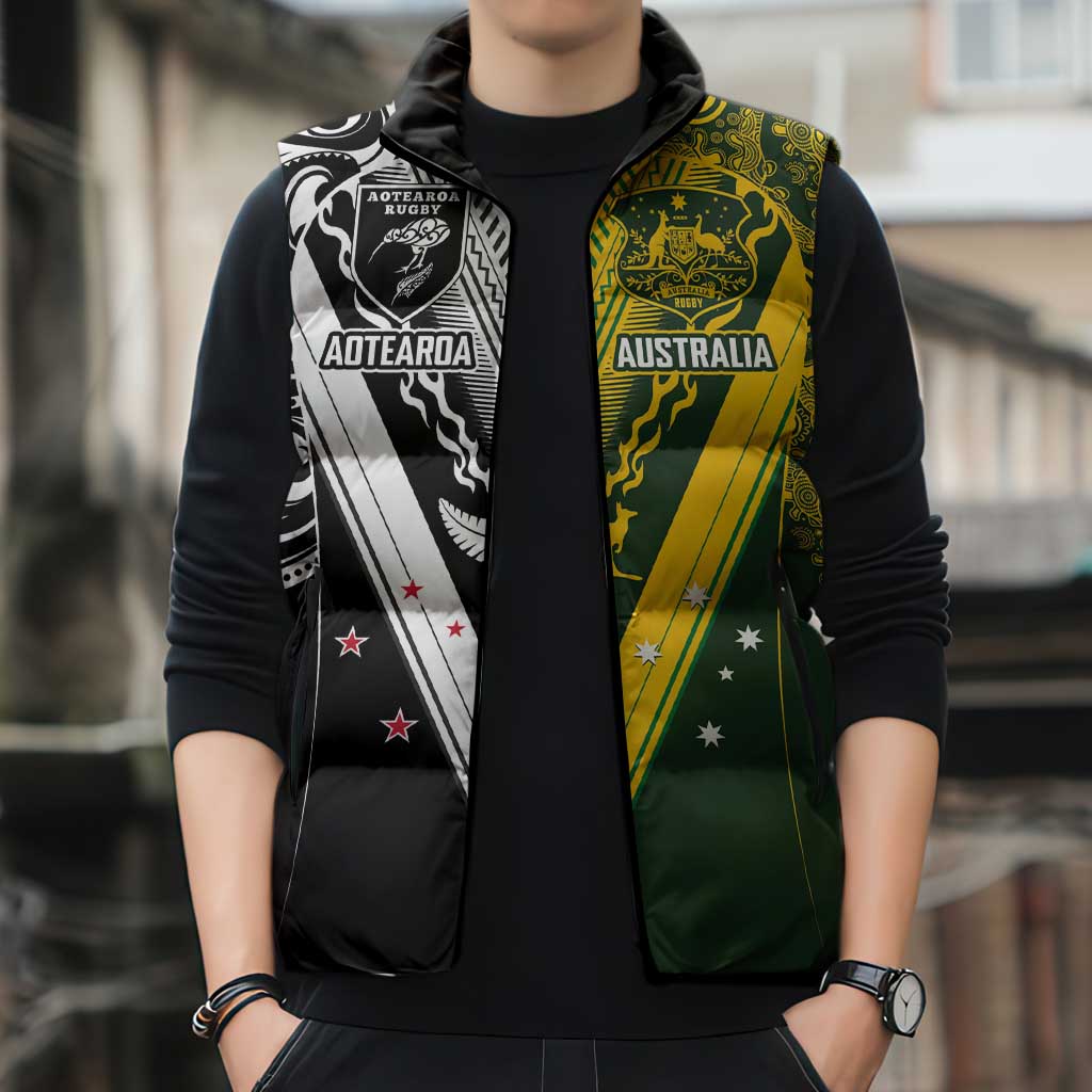 Aotearoa Australia Rugby Custom Sleeveless Puffer Jacket Maori and Aboriginal Art Sporty Style - Polynesian Pride