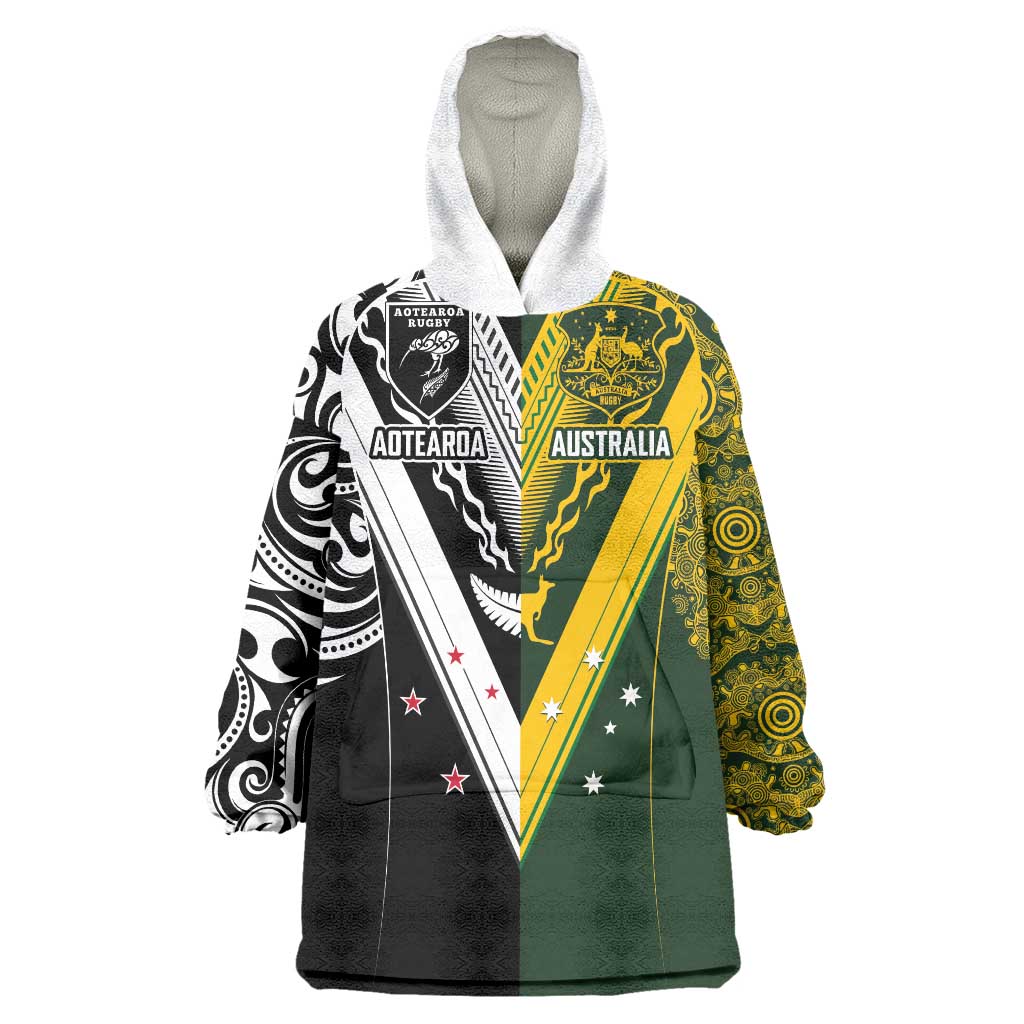 Aotearoa Australia Rugby Custom Wearable Blanket Hoodie Maori and Aboriginal Art Sporty Style - Polynesian Pride