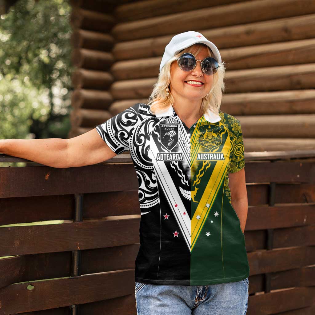 Aotearoa Australia Rugby Custom Women Polo Shirt Maori and Aboriginal Art Sporty Style - Polynesian Pride