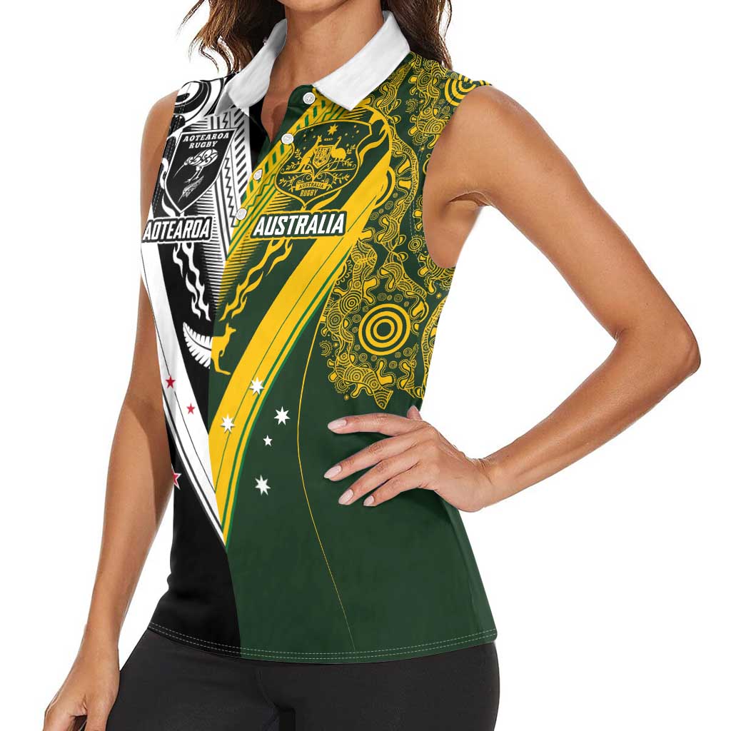 Aotearoa Australia Rugby Custom Women Sleeveless Polo Shirt Maori and Aboriginal Art Sporty Style - Polynesian Pride