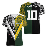 Aotearoa Australia Rugby Custom Women V-Neck T-Shirt Maori and Aboriginal Art Sporty Style LT03 - Polynesian Pride