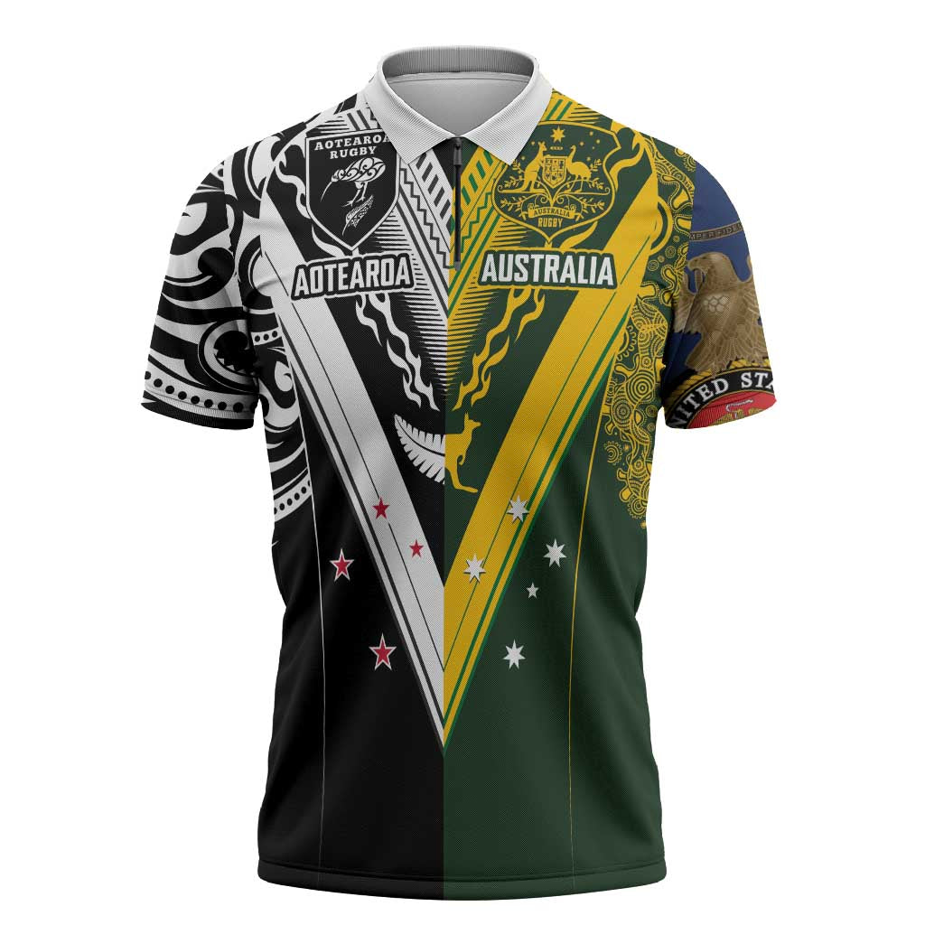 Aotearoa Australia Rugby Custom Zipper Polo Shirt Maori and Aboriginal Art Sporty Style - Polynesian Pride