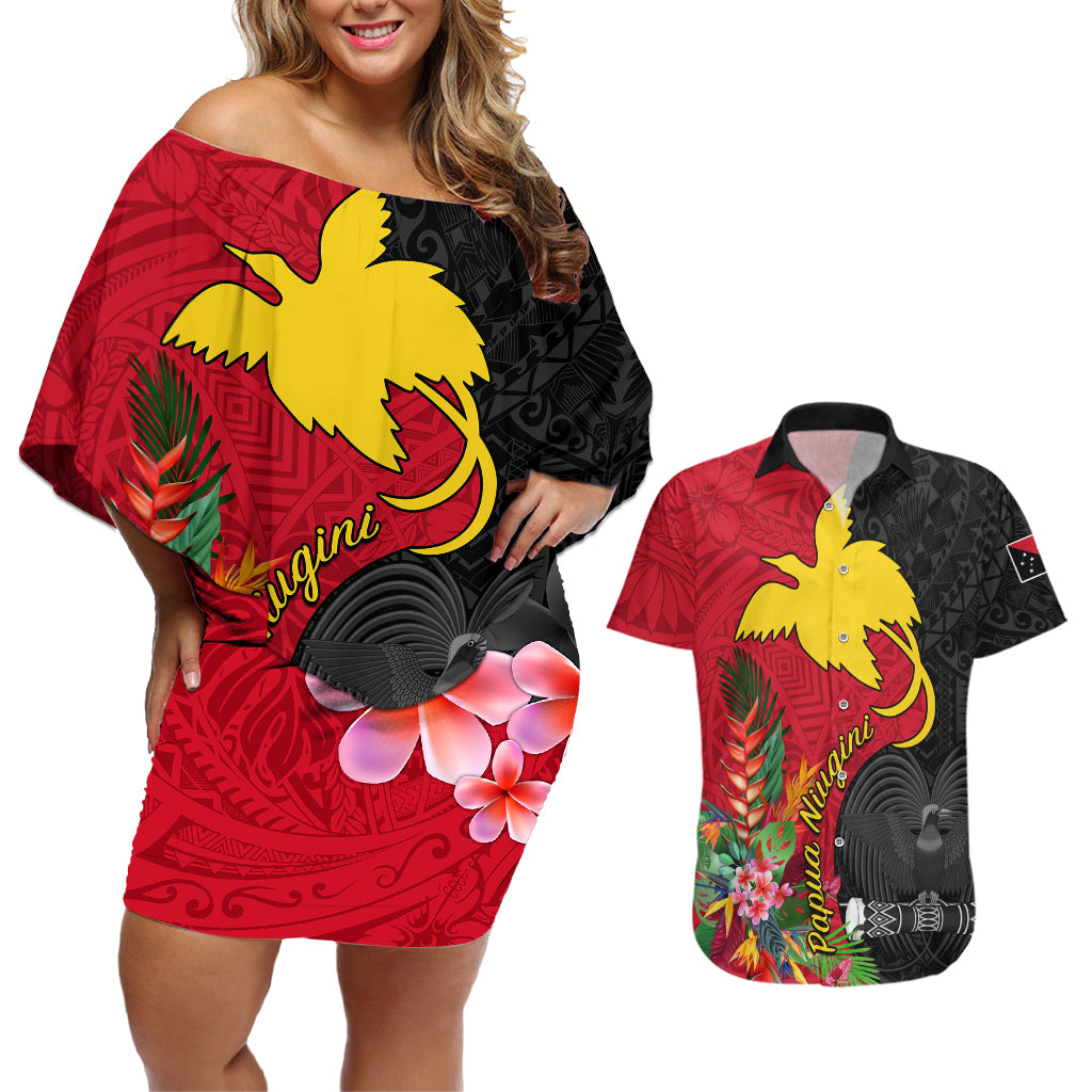 Papua New Guinea Couples Matching Off Shoulder Short Dress and Hawaiian Shirt Birds Of Paradise Mix Tropical Flower Polynesian Pattern LT03 Red - Polynesian Pride