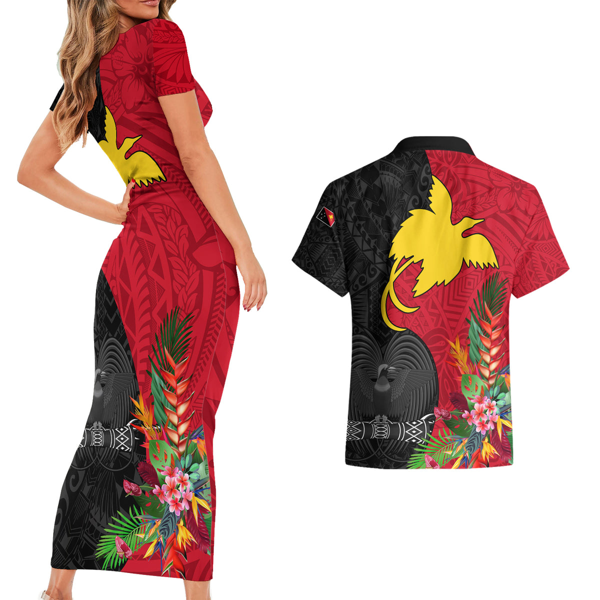 Papua New Guinea Couples Matching Short Sleeve Bodycon Dress and Hawaiian Shirt Birds Of Paradise Mix Tropical Flower Polynesian Pattern LT03 - Polynesian Pride