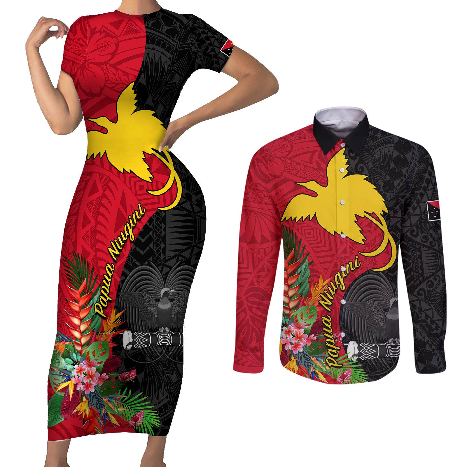 Papua New Guinea Couples Matching Short Sleeve Bodycon Dress and Long Sleeve Button Shirts Birds Of Paradise Mix Tropical Flower Polynesian Pattern LT03 Red - Polynesian Pride